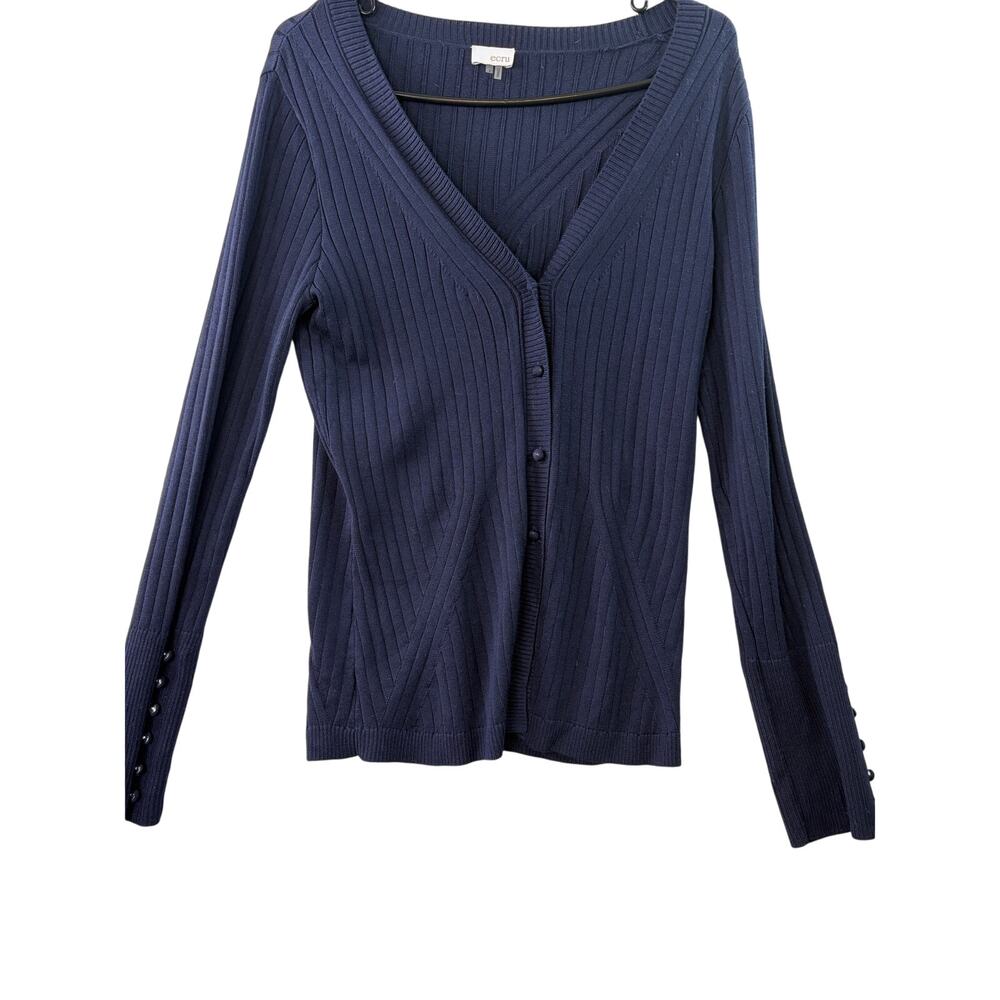 ECRU Navy Ribbed Cardigan with Sleeve Button Detail • Size S